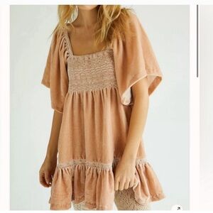 Free People easy to love tan velvet smocked mini dress size Large